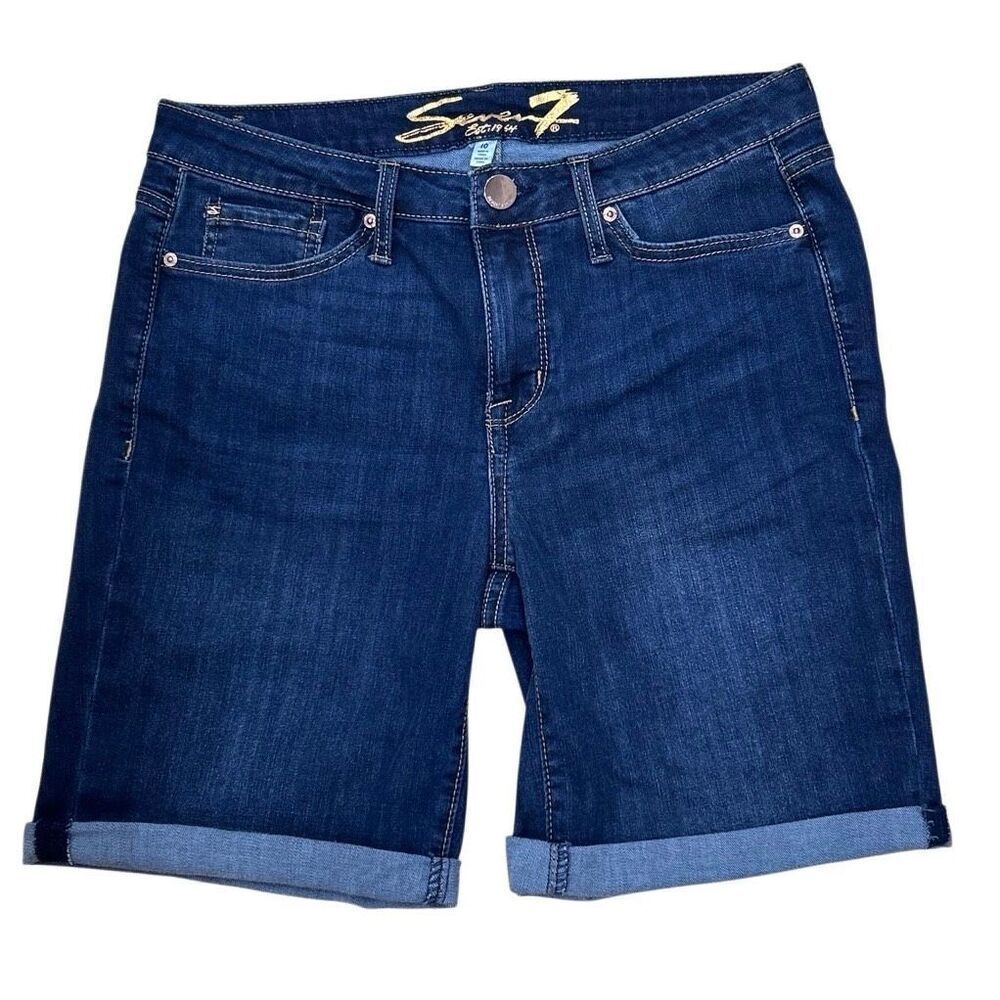 Seven7 Sunset Denim Bermuda Shorts Women's Size 10 Blue Rolled Cuffs Stretch